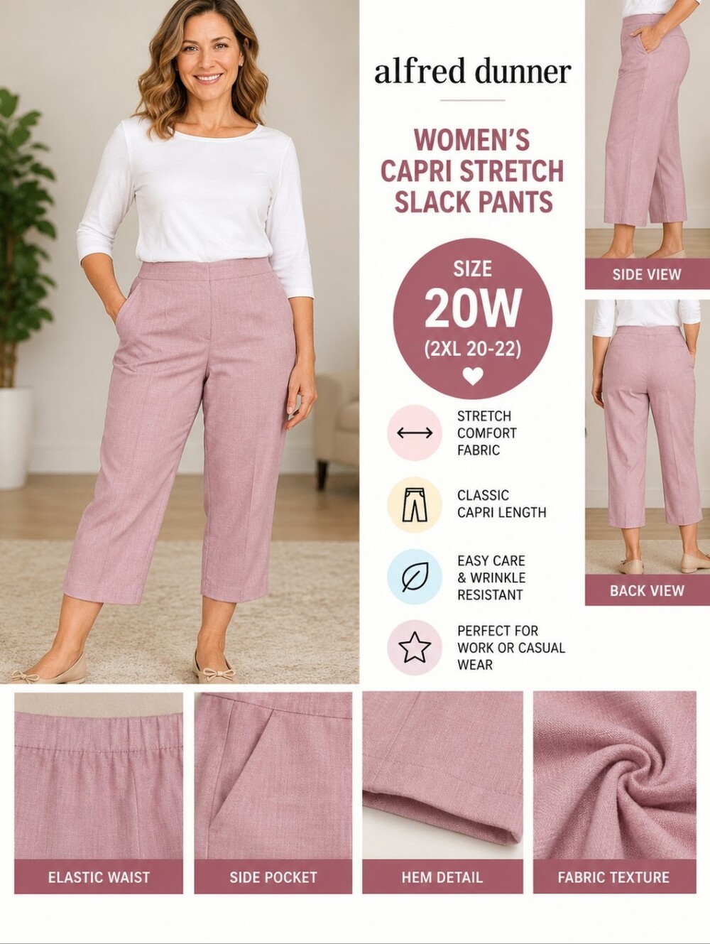 Alfred dunner Women's size 20w pink capri stretch slack pants #36